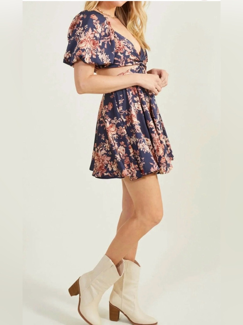 NWT- Altar’d State Anne Marie Navy Floral Tie-Front Dress